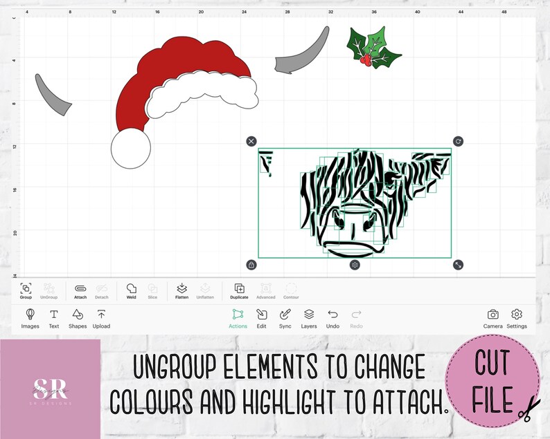 K&ouml;nnte beinhalten: Ein digitales Design mit einem schwarz-wei&szlig;en Highland-Rinderkopf mit einem rot-wei&szlig;en Weihnachtsmann-Hut, einem gr&uuml;nen Stechpalmenzweig mit roten Beeren und zwei grauen H&ouml;rnern. Das Design ist auf einem wei&szlig;en Hintergrund mit einem Raster.