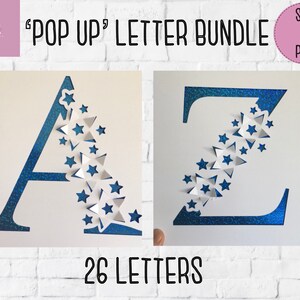 SVG: Paquete de alfabeto 3D emergente/ emergente. 26 Cartas. Alphabet aparece. La estrella aparece. Letras emergentes. Aparece la tarjeta. Archivo de corte 3D. Fabricación de tarjetas. SVG. PNG.