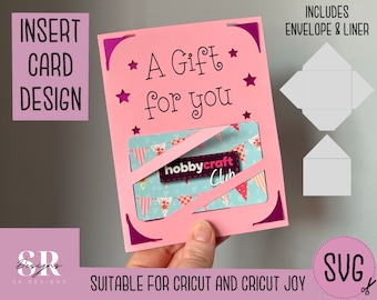 May include: Pink insert card design with a white gift card slot and the text "A Gift for you". The design includes a separate envelope and liner. Suitable for Cricut and Cricut Joy.