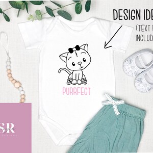 May include: White baby onesie with a black and white illustration of a cat wearing a pink bow. The text "PURRFECT" is printed in pink below the cat.