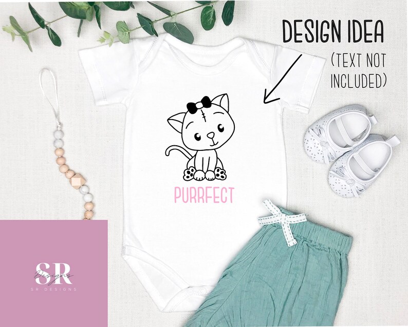 May include: White baby onesie with a black and white illustration of a cat wearing a pink bow. The text "PURRFECT" is printed in pink below the cat.