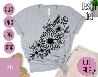 May include: A grey t-shirt with a black floral design featuring a large sunflower and smaller flowers. The design is on the left side of the shirt and is a cut file.
