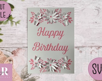 SVG: 3D/ ‘pop up’ Flower Birthday card digital download. Happy birthday. Pop up card. Pop up flowers. 3D butterfly.