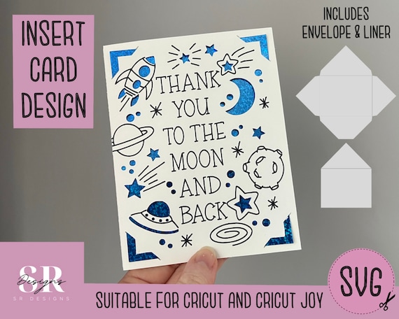 SVG: Thank you insert card. Cricut Joy friendly. Draw and cut card design. Envelope template included. Cricut Joy thank you card SVG