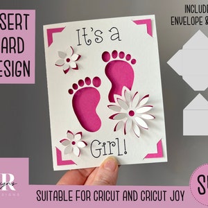 SVG: 3D É um cartão de inserção de menina. Cricut Joy amigável. Desenhe e corte o design do cartão. Modelo de envelope incluído. Cartão de menina Cricut Joy SVG