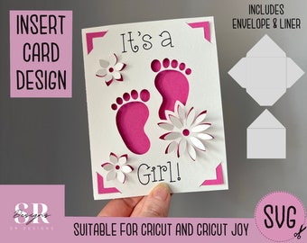 SVG: 3D Es una tarjeta de inserción de niña. Cricut Alegría amigable. Dibuja y corta el diseño de la tarjeta. Plantilla de sobre incluida. Tarjeta de niña Cricut Joy SVG