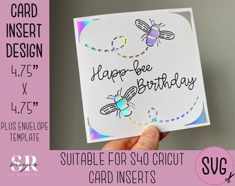 SVG: Happbee birthday insert card. Cricut S40 insert card. Bee card svg. Square birthday card. Happbee Birthday card template and envelope.