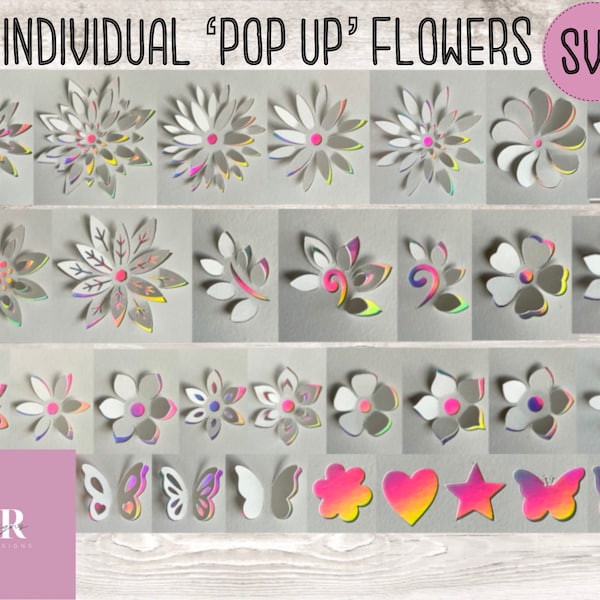 SVG: 'pop up'/ Paquet de fleurs 3D. 23 fleurs pop-up. Plus 8 extras. Numérique. Découpe de papier. Fabrication de cartes. Pop up SVG. Paquet pop-up floral.
