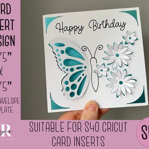SVG: 3D Schmetterling Geburtstag Einlagekarte. Cricut S40 Einlegekarte. Geburtstagskarte svg. Quadratische Geburtstagskarte. Geburtstagskarte Vorlage und Briefumschlag