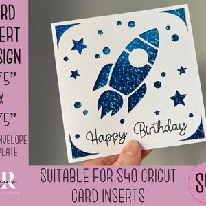 SVG: Rocket Birthday Einlegekarte. Cricut S40 Einlegekarte. Geburtstagskarte svg. Quadratische Geburtstagskarte. Geburtstagskarte Vorlage und Briefumschlag.