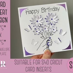 SVG: 3D Geburtstagsblumen Einlagekarte. Cricut S40 Einlegekarte. Geburtstagskarte svg. Quadratische Geburtstagskarte. Geburtstagskarte Vorlage und Briefumschlag.
