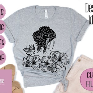 Floral woman SVG. Woman cut file. Woman sillouhette SVG. Messy bun SVG. Floral woman cut file. Vinyl cutting. T-shirt print.