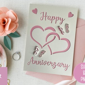 SVG: ‘pop up’/ 3D Happy anniversary card. Celebration. Wedding svg. Heart links.  Anniversary card svg. 3d butterfly. Pop up SVG
