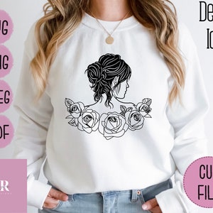 Woman SVG. Woman cut file. Woman sillouhette SVG. Messy bun SVG. Floral woman cut file. Vinyl cutting. T-shirt print.