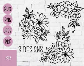 Può includere: Tre disegni floreali in bianco e nero su uno sfondo di mattoni bianchi. Il testo "3 DESIGNS" è al centro dell'immagine.