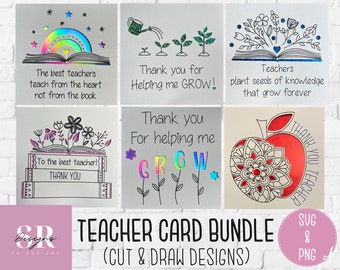SVG: Teacher card bundle. Digital download. Paper cutting. Thank you teacher card svg. Teacher appreciation. Cut and draw card SVG.