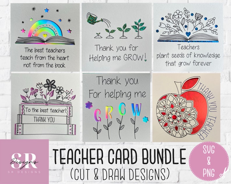 May include: A set of six teacher thank you cards with different designs. The cards include illustrations of books, plants, and an apple, with messages such as "Thank you for helping me grow" and "Thank you teacher." The cards are in black, white, and holographic colors.