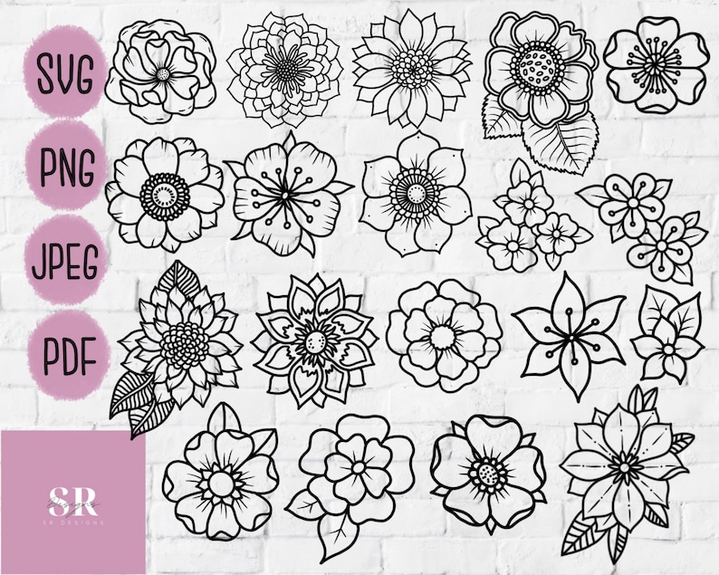 May include: A set of 16 black and white floral illustrations. The flowers are drawn in a simple, line art style. They are perfect for use in digital projects, such as scrapbooking, card making, and web design.