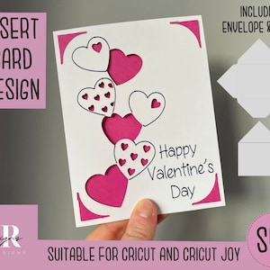SVG: Tarjeta insertada del Día de San Valentín. Amigable con Cricut Joy. Dibujar y cortar el diseño de la tarjeta. Plantilla de sobre incluida. Tarjeta de San Valentín Cricut Joy SVG