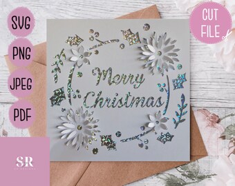 SVG: 3D/ ‘pop up’ Christmas card digital download. Merry Christmas. Pop up card. Pop up flowers. Christmas wreath svg. SVG/PNG/Jpeg/Pdf