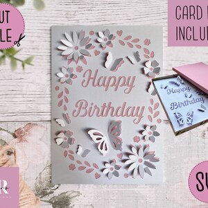 SVG: Birthday card digital download. Happy birthday. Pop up card. Pop up flowers. 3D butterfly.