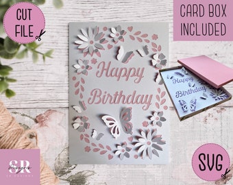 SVG: Birthday card digital download. Happy birthday. Pop up card. Pop up flowers. 3D butterfly.