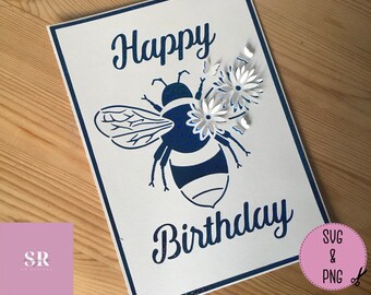 SVG: 3D/ ‘pop up’ bumble bee Birthday card. Bee card. Happy birthday. Pop up card. Pop up butterflies. flower card. Pop up svg. SVG/PNG.