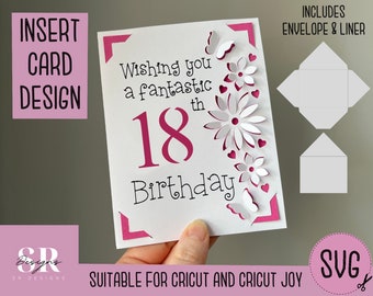 SVG: 18th Birthday insert card. Cricut friendly. Draw and cut card design. Envelope template included. Cricut Joy Birthday card SVG