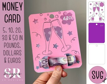 May include: Pink card with a champagne toast design. The card has a slot to hold a rolled up bill of money. The card is for gift giving and has the text "£2()" on it.