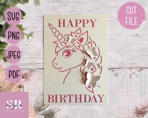 Unicorn birthday card cut file. With ‘Pop up’ butterfly’s. SVG. Card making.