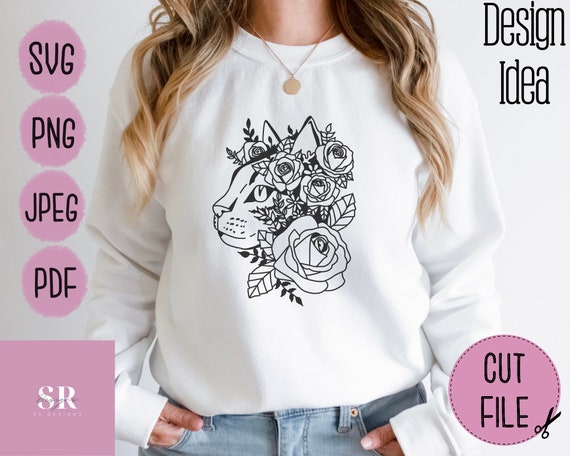 SVG: Rose Cat SVG for printing or cutting with cricut... cat svg. Floral cat svg. Cat cut file.