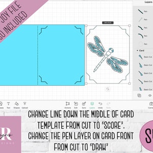May include: A digital design for a pop-up card featuring a dragonfly with blue and black wings. The design is shown in a Cricut Design Space interface with instructions to change the line down the middle of the card template from cut to score and the pen layer on the card front from cut to draw. The text "CRICUT JOY FILE ALSO INCLUDED" is in a pink rectangle at the top of the image. The text "SVG" is in a pink circle at the bottom right of the image.