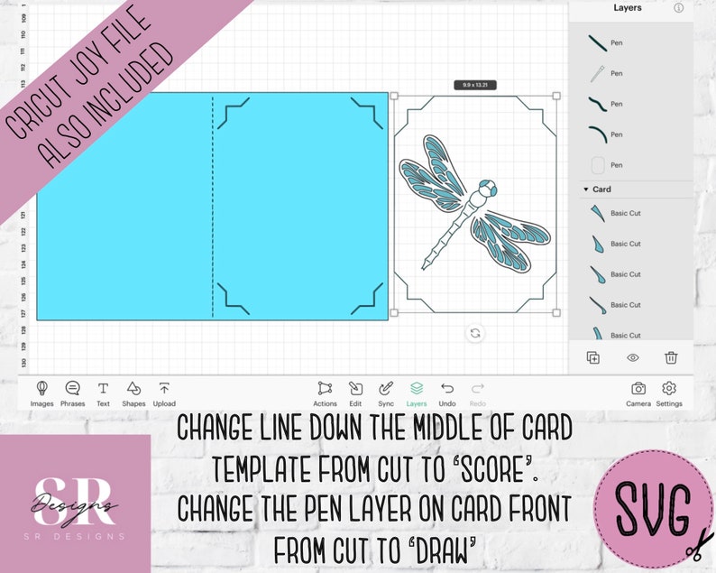 May include: A digital design for a pop-up card featuring a dragonfly with blue and black wings. The design is shown in a Cricut Design Space interface with instructions to change the line down the middle of the card template from cut to score and the pen layer on the card front from cut to draw. The text "CRICUT JOY FILE ALSO INCLUDED" is in a pink rectangle at the top of the image. The text "SVG" is in a pink circle at the bottom right of the image.