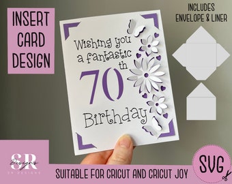 SVG: 70th Birthday insert card. Cricut friendly. Draw and cut card design. Envelope template included. Cricut Joy Birthday card SVG