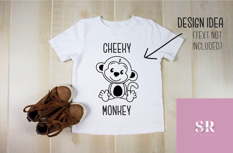 May include: White t-shirt with a black and white illustration of a monkey and the text "Cheeky Monkey".