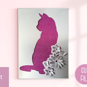 SVG: ‘pop up’/ 3D Floral Cat. Cat sillouhette. Pop up SVG. Card cutting file. Paper cutting. Pop up SVG. 3d flowers.