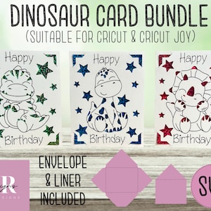 SVG: Dinosaurier Einlage Kartenpaket. Cricut Joy freundlich. Gezeichnetes und geschnittenes Kartendesign. Umschlagschablone inklusive. Cricut Joy Geburtstagskarte SVG