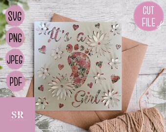 SVG: Archivo de corte 3D/pop-up «Es una niña». Anuncio de bebé. Tarjeta para baby shower. Tarjeta para niña. Tarjeta Cricut. Tarjeta «Es una niña». SVG/PNG/JPEG/PDF