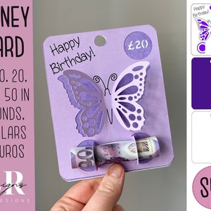 SVG: biglietto d’auguri per compleanno. Adatto a Cricut Joy. Taglia e pesca il biglietto. Scheda farfalla 3D. Portasoldi in formato svg. Biglietto di compleanno in formato svg. Carta denaro in formato svg.