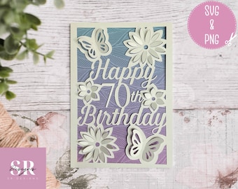 SVG: ‘pop up’/ 3D Happy 70th Birthday card. Birthday card svg. Pop up flowers. Pop up butterfly. Pop up SVG. 3D card svg. Cricut card