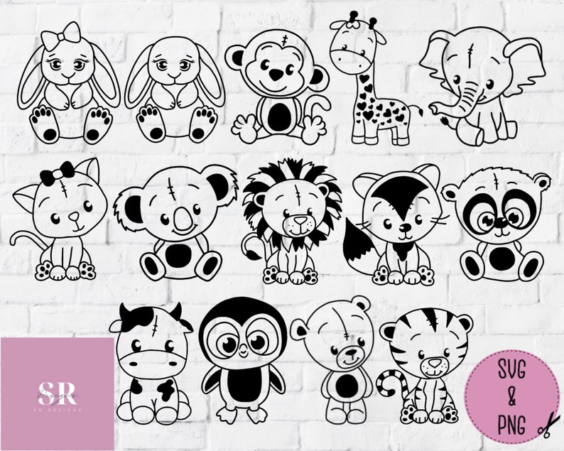 May include: A set of 12 black and white animal illustrations, including a bunny, monkey, giraffe, elephant, cat, koala, lion, fox, panda, penguin, bear, and tiger. Each animal is depicted in a cute, cartoon style with a stitched-up heart on its body.