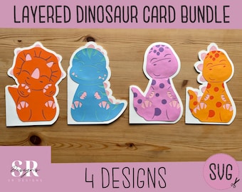 SVG: Dinosaur card bundle. Layered Dinosaur card svg. 3d Dinosaur card. dinosaur cut file. dinosaur card svg. SVG and PDF.