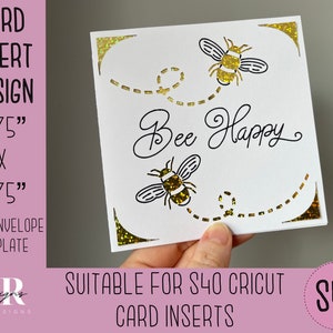 SVG: Bee Happy Einlagekarte. Cricut S40 Einlagekarte. Bienenkarte svg. Quadratische Geburtstagskarte. Happbee Geburtstagskarte Vorlage und Umschlag.