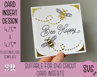 SVG: Cartão de inserção Bee Happy. Cartão de inserção Cricut S40. Cartão de abelha svg. Cartão de aniversário quadrado. Modelo e envelope de cartão de aniversário Happbee.