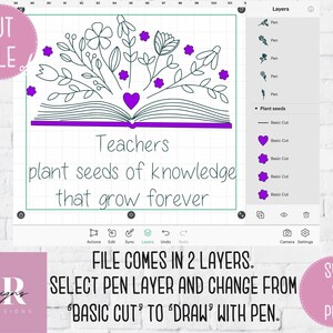 Peut inclure: Un fichier de conception num&eacute;rique pour un fichier de d&eacute;coupe d'un livre avec des fleurs et le texte "Teachers plant seeds of knowledge that grow forever". Le design est en deux couches, une pour le contour et une pour les fleurs. Le design est en violet et noir.