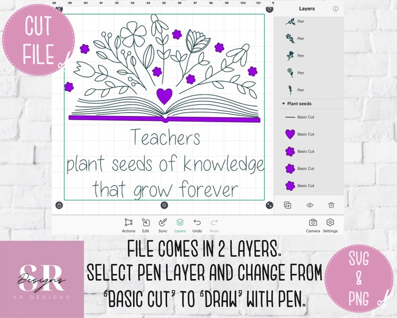 Peut inclure: Un fichier de conception num&eacute;rique pour un fichier de d&eacute;coupe d'un livre avec des fleurs et le texte "Teachers plant seeds of knowledge that grow forever". Le design est en deux couches, une pour le contour et une pour les fleurs. Le design est en violet et noir.