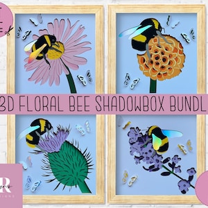 SVG: bundel met 3D-bloemenbijenschaduwboxen. Digitaal downloaden. Papier snijden. Gelaagd kaartambacht. bijen svg. Bloemen schaduwbox svg. bijen schaduwbox svg