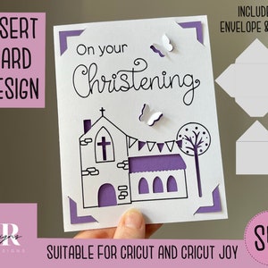 SVG: Scheda di inserimento del battesimo. Cricut Joy amichevole. Disegna e taglia il design delle carte. Modello di busta incluso. Cricut Joy cartolina di battesimo SVG