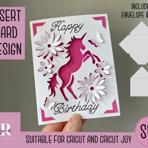 SVG: Verjaardag eenhoorn insert kaart. Cricut Vreugde vriendelijk. Teken en knip kaartontwerp. Envelop sjabloon inbegrepen. Cricut Joy Verjaardagskaart SVG