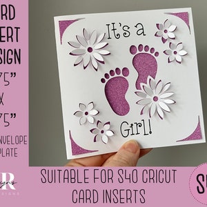 SVG: Het is een Girl insert kaart. Cricut S40 insteekkaart. Babyshower kaart svg. Vierkante babykaart. Het is een Meisje kaart sjabloon en envelop.